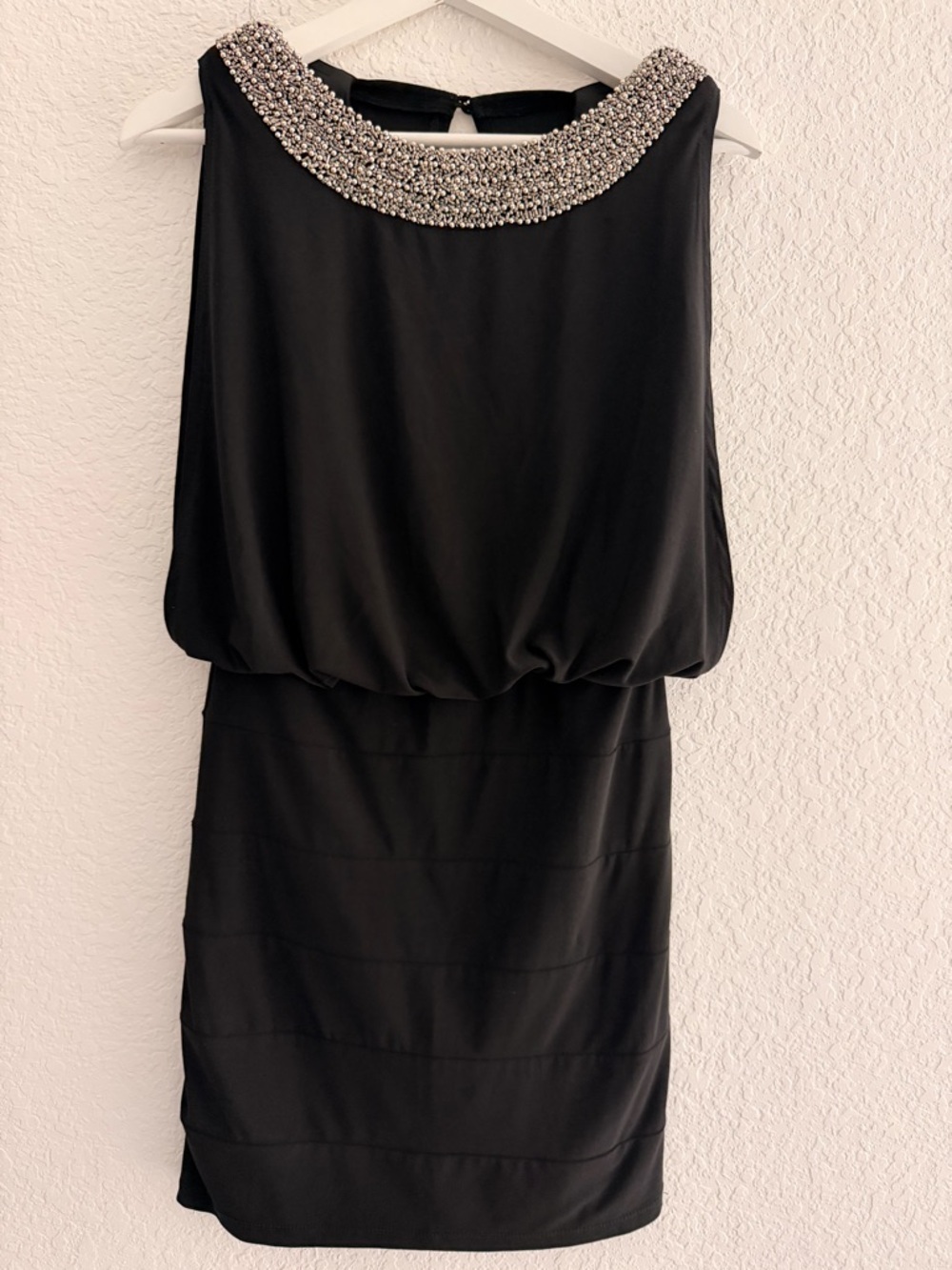 Jackie Jon New York Black Blouson Dress | Beaded Neck Sleeveless Evening Dress